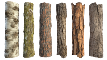 Six tree trunks isolated showing bark textures,  variety, closeup, wood, different species, nature, details, patterns, forestry, natural, outdoor