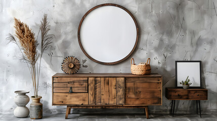 Wooden cabinet, dresser against concrete wall with empty blank mock up poster frame with copy space. Rustic home interior design of modern living room