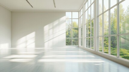 Sunlight streams through expansive windows, illuminating a spacious interior with a clean, minimalist aesthetic. Lush greenery enhances the serene ambiance, inviting inspiration