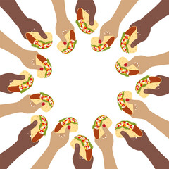Womens and mens hands different nationalities holding taco Circular Frame border Copy space Template