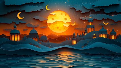 Vibrant Sunset Over Cityscape with Glowing  Domes Waves  and Large Moon


