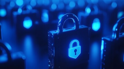 Futuristic Digital Locks in Blue Light Representing Security and Protection in Cyber Space