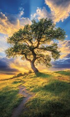 Fototapeta premium Lone tree on grassy hill at sunset with dramatic sky, ideal for nature backgrounds