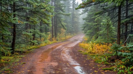 Obraz premium Serene winding forest path surrounded by lush greenery and autumn foliage in a misty atmosphere