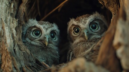Adorable Owl Siblings Nestled in Tree Hollow