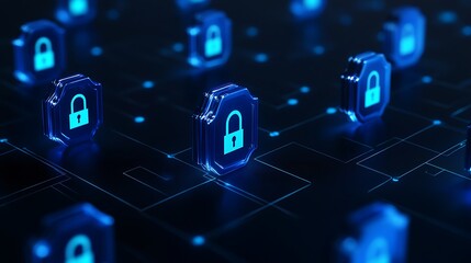 Obraz premium Futuristic Digital Security Concept with Glowing Blue Padlocks and Circuit Patterns on Dark Background