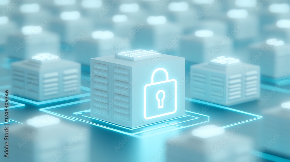 Poster futuristic digital storage concept with secure lock symbol highlighting data protection in cloud com