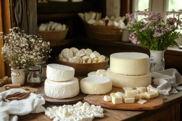Fototapeta premium Homemade cheese arrangements on a rustic kitchen table cozy atmosphere food photography natural light artisan creations in a traditional setting