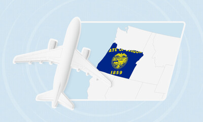 Oregon Travel Illustration with Plane and National Flag. Airplane Flying Over Oregon Map.
