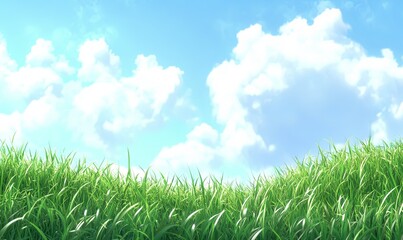 Fototapeta premium Lush green grass field under a bright blue sky with fluffy white clouds