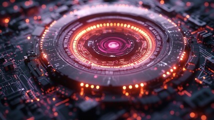 Futuristic circular tech device with glowing core.