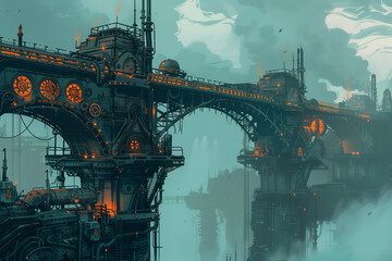 Steampunk bridge with gears and pipes, set in a foggy industrial landscape.