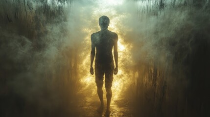Fototapeta premium resurrection silhouette of a man in the dark corridor with a light beam
