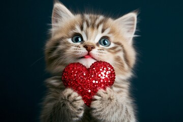 Cute ragamuffin kitty cub with sparkling rhinestones red heart - sign of love, funny greeting card. Promotion concept art design idea. Ragamuffin - my treasured cat. Red heart cat.