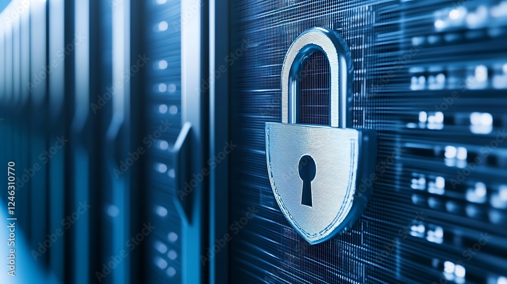 Poster high-tech security lock on digital data storage server in modern data center environment