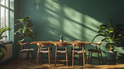 Wooden dining table and chairs against green wall. Scandinavian, mid-century home interior design of modern dining room