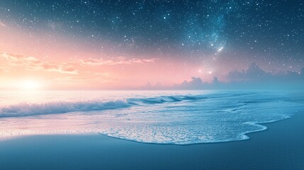 Naklejka premium As the sun sets, pastel hues blend with a starry sky, creating a mesmerizing backdrop for gentle waves. The tranquil beach invites peace and contemplation in the golden hour light