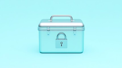 Metallic Secure Storage Box with Lock on Soft Blue Background Ideal for Safe Keeping and Organizational Needs