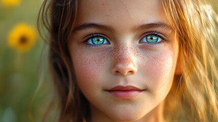 Girl with mesmerizing blue eyes and freckles surrounded by sunflowers during golden hour in a rural setting