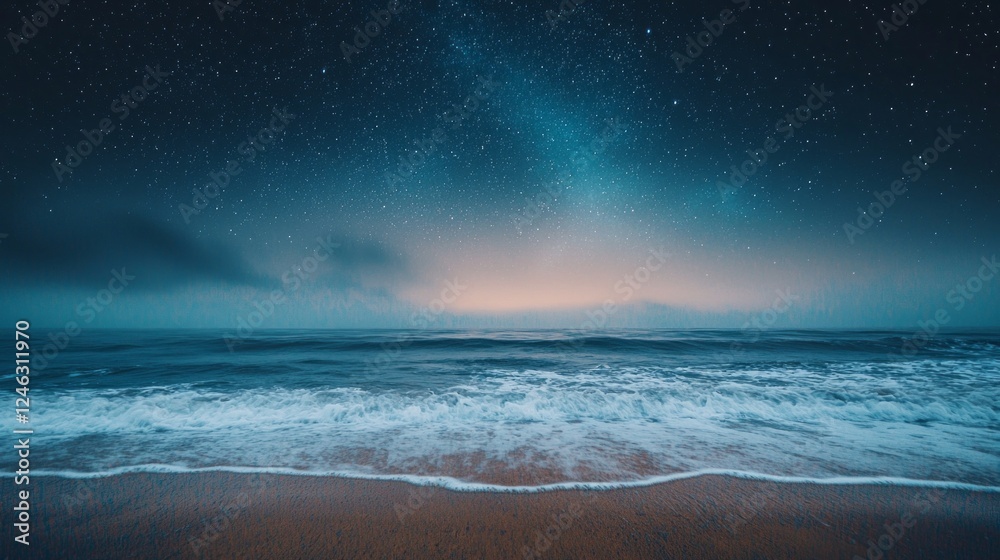 Poster Under a celestial blanket, tranquil waves lap at the shore as the deep blue ocean merges with a starry sky at twilight, creating a serene atmosphere filled with wonder
