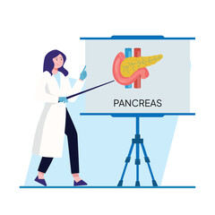 A female doctor in a white coat presents brain anatomy on a flip chart Perfect for medical presentations and educational materials