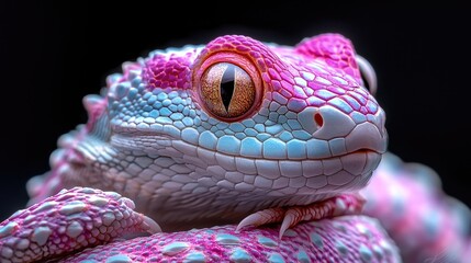 Obraz premium Pink gecko portrait, close-up, dark background, nature wildlife