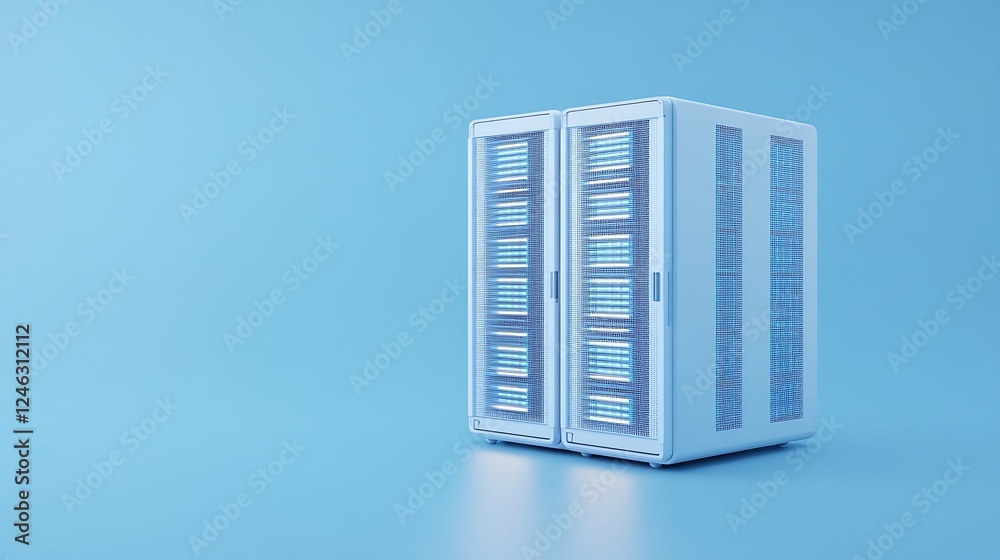 Poster modern computer server rack with blue background for technology and networking concepts