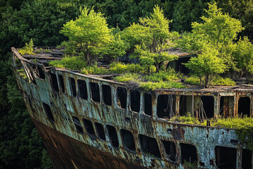 Abandoned ship overgrown with plants in a tranquil bay showcasing nature&rsquo;s reclamation of man-made structures