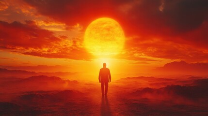 Fototapeta premium resurrection silhouette of a man walking in the desert at sunrise