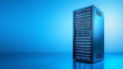 Modern Data Center Rack with LED Lights in a Cool Blue Environment for Technology and Networking Concepts