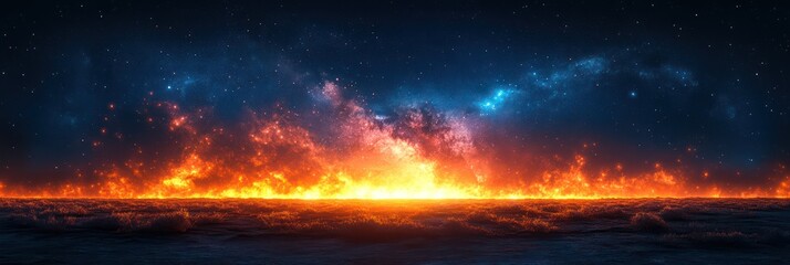 Naklejka premium Fiery Celestial Horizon: A Burning Landscape Under a Starry Sky