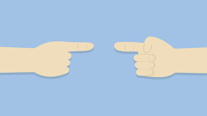 Illustration of two hands, each pointing towards the other from opposite sides, on a light blue background