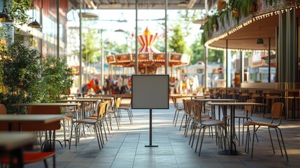 Fototapeta premium Empty Signboard Surrounded by Tables in Amusement Park with Carousel in Background and Bright Daylight