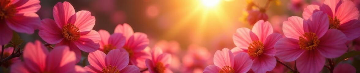 Obraz premium Cascade of pink calibrachoas, sunlit, red-yellow centers , pretty, close up