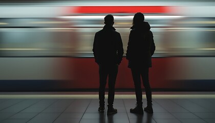 Two figures await the train in a city subway station.