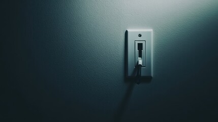 Close-up of a light switch on a dark wall with a dramatic shadow.