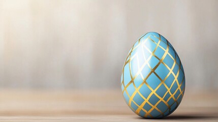 Elegant blue egg decorated with golden patterns on a wooden surface against a blurred background