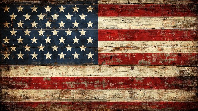 Old and weathered American flag with faded colors hanging on a rustic wooden background