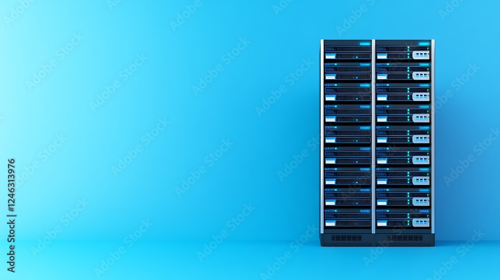 Poster modern server rack with blue background for data center and it infrastructure visualizations