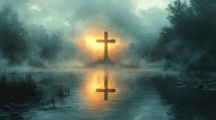 sacred cross soft light breaking through fog reflective water digital painting