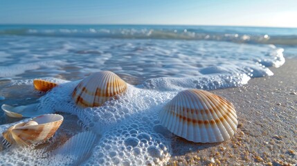 Close-up of seashells on a sandy beach with gentle waves and foam under a clear sky