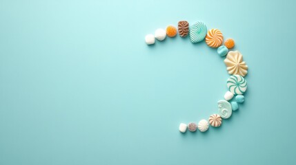 Assorted pastel candies arranged in a half-moon shape on a light blue background.
