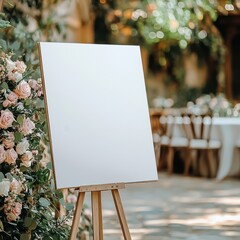 Elegant outdoor wedding setup featuring a blank canvas on an easel surrounded by floral arrangements and dining tables in a serene garden ambiance