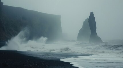 Misty coastal landscape with dramatic cliffs and sea stacks under a cloudy sky, waves crashing