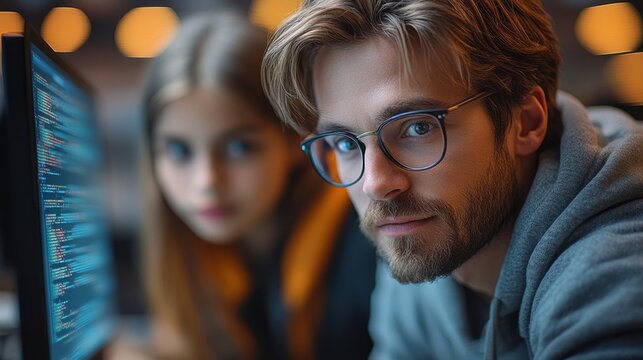 Young adults engaged in coding session at a modern workspace during evening hours, focused on computer screens with lines of code visible