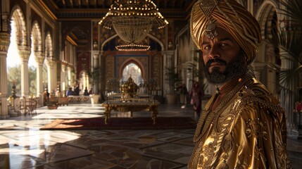 Regal Man in Golden Attire Poses in Lavish Historical Interior