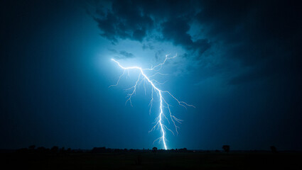 Electrifying lightning bolt the dark night sky, its brilliant blue sparks the dense, grey-brown storm clouds