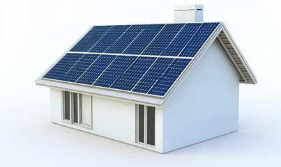 Fototapeta premium Modern house with solar panels on roof, white background, eco-friendly living, sustainable energy