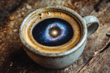 Coffee cup with swirling galaxy design creating an imaginative cosmic effect in a cozy cafe setting