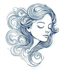 Line drawing of a beautiful woman with light Delft blue hair, with swirls and flowers, on a white background, in light blue ink on paper. Flat design, simple strokes result in contrast and a minimalis